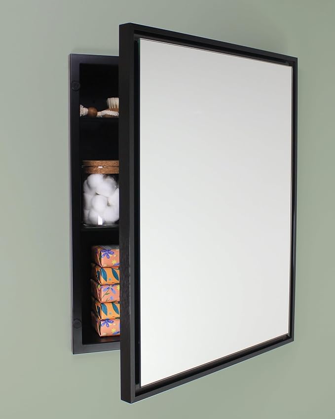 Fox Hollow Furnishings 16x20 Parker Metro Metal Framed Rectangle Recessed Bathroom Medicine Cabinet, Floating Mirror, 14x18 in-Wall Opening, Steel, Adjustable Glass Shelves, Magnet Close, Black