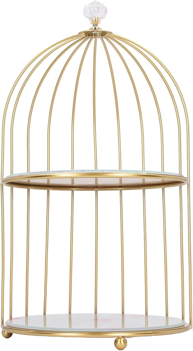 Double Layer Storage Shelf Bird Cage Organizer Display Rack for Bathroom Countertop Dressing Table Gold Frame (Pink Stone Pattern)