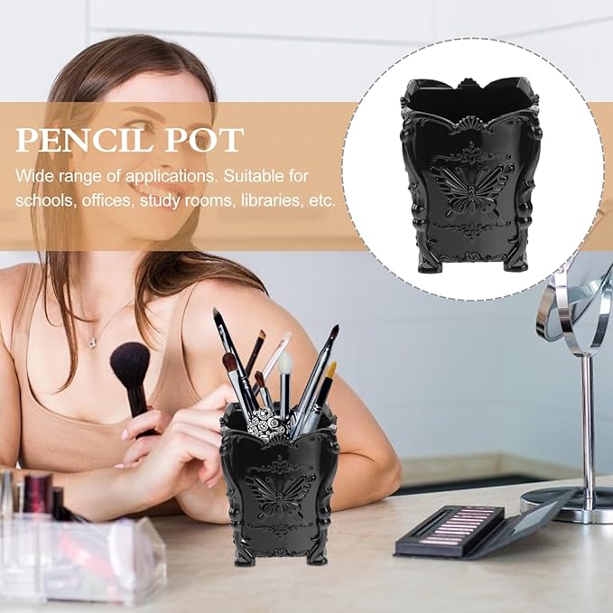FRCOLOR Acrylic Makeup Brush Pot Cosmetic Brush Holder Organizer Butterfly Decor Pencil Pen Container Black