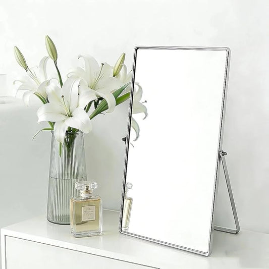 Feyarl Desktop Makeup Vanity Mirror Vertical Tabletop Mirror 90° Rotation Decorative Standing Cosmetic Mirror for Bedroom Bathroom Desk Dresser (Silver)