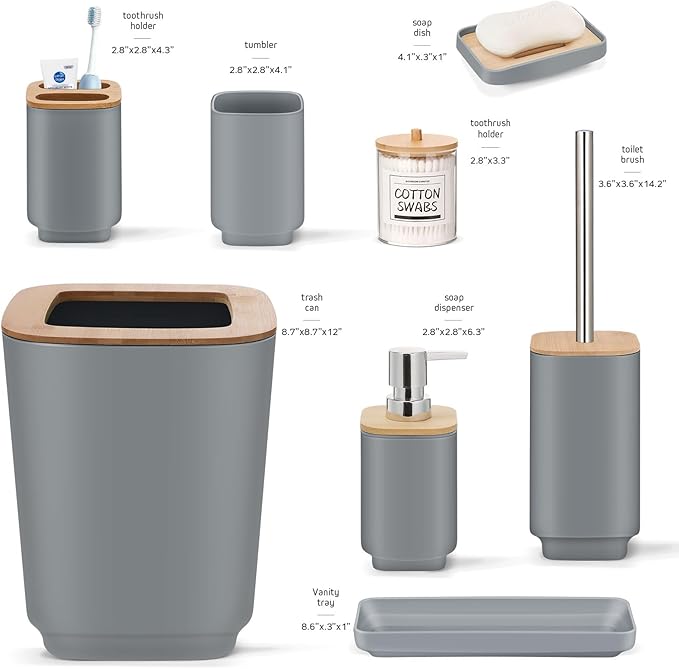 IMAVO 11 Piece Grey Bathroom Set, Trash Can, Toilet Brush, Storage Tray, Complete Bathroom Accessories Organization Kit for Bathroom Décor and Home Gifts