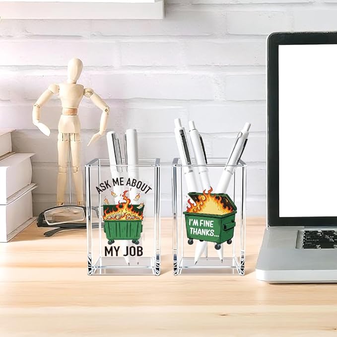 Ask Me About My Job I'm Fine Thanks Acrylic Pencil Pen Holder Cup Set 2, Funny Pencil Holder Desk Organizer, Dumpster Fire Desk Accessories, Sarcastic Office Gifts for Women Men Teacher Coworker
