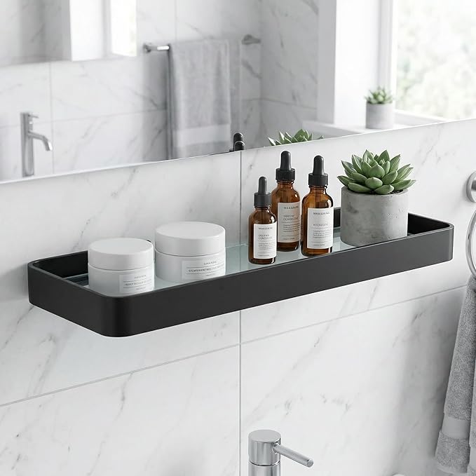 Z metnal Small Glass Bathroom Shelves, Matte Black Floating Shelf, Mini Wall Shelf Organizer, Wall Mounted (Clear Glass, 15.7 inch/40cm), 1 pcs