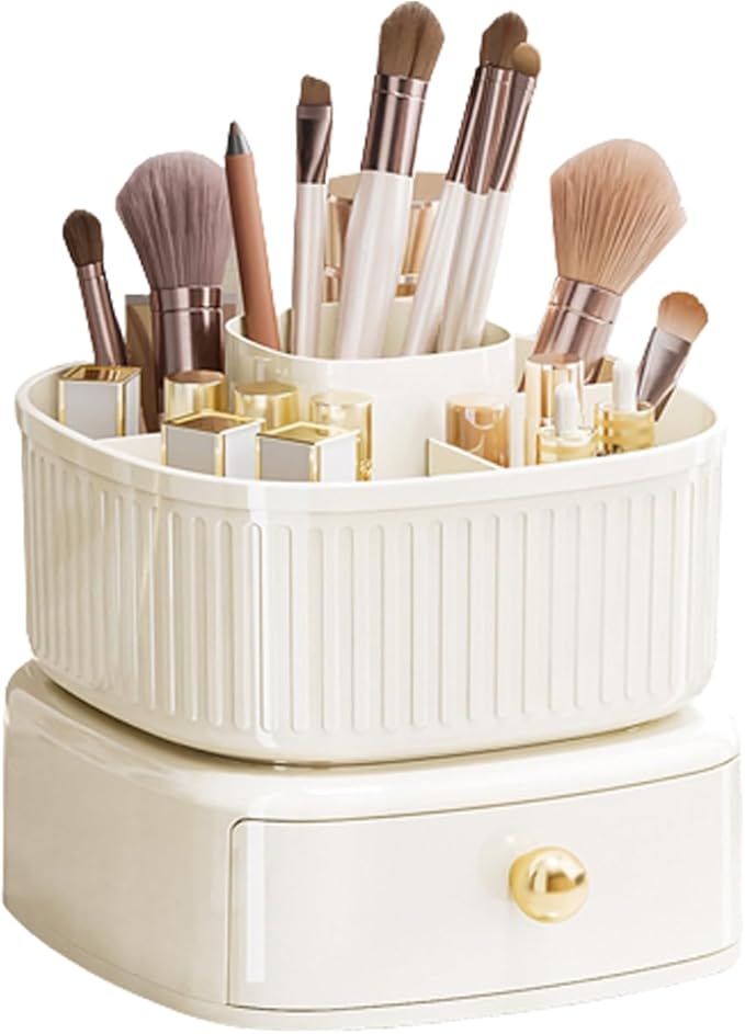 360 Rotating Makeup Brush Holder, 5 Slots Makeup Desk Organizer, Cosmetic Display cases With drawer, Makeup Organizer for Vanity, Bedroom Decor, Bathroom Organizer