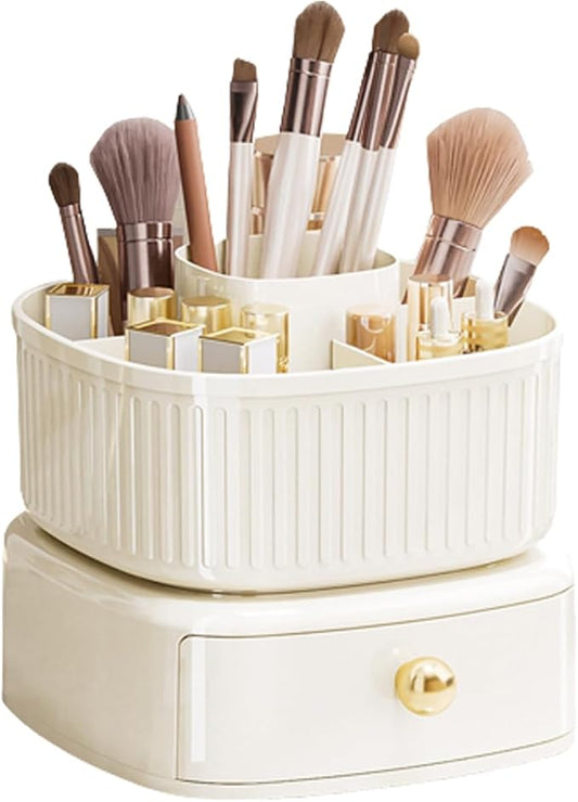 360 Rotating Makeup Brush Holder, 5 Slots Makeup Desk Organizer, Cosmetic Display cases With drawer, Makeup Organizer for Vanity, Bedroom Decor, Bathroom Organizer