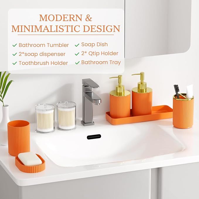 Orange Bathroom Accessories Set, 10PC Bathroom Set, Bath Accessory with Pop Up Trash Can, Soap Dispenser, Toilet Brush, Toothbrush Set Qtip Holders & Tray