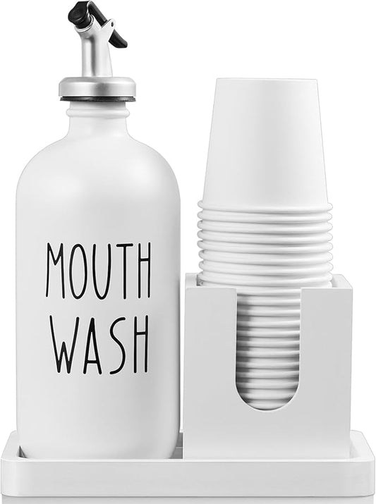 Glass Mouthwash Dispenser for Bathroom, 16 OZ Mouthwash Dispenser with Pour Spout and Wood Cup Holder and Tray, Mouth Wash Bottle Container, Farmhouse Kitchen Bathroom Decor and Accessories, White