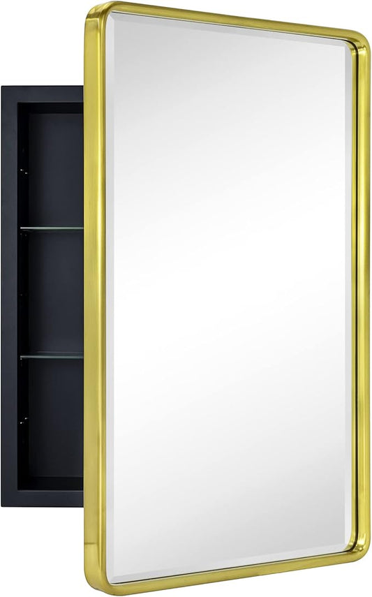 TEHOME Farmhouse Brushed Gold Metal Framed Recessed Bathroom Medicine Cabinet with Mirror Rounded Rectangle Medicine Cabinet with Beveled Mirror 16x24''