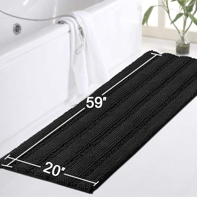 Turquoize Luxurious Non-Slip Shaggy Chenille Kitchen Runner Black Kitchen Rug Ultra Soft Plush Carpet Mat Shag Shower Bath Runner Absorbent Large Bath Mat for Entryway, Size 59 & 20 Inches, Black