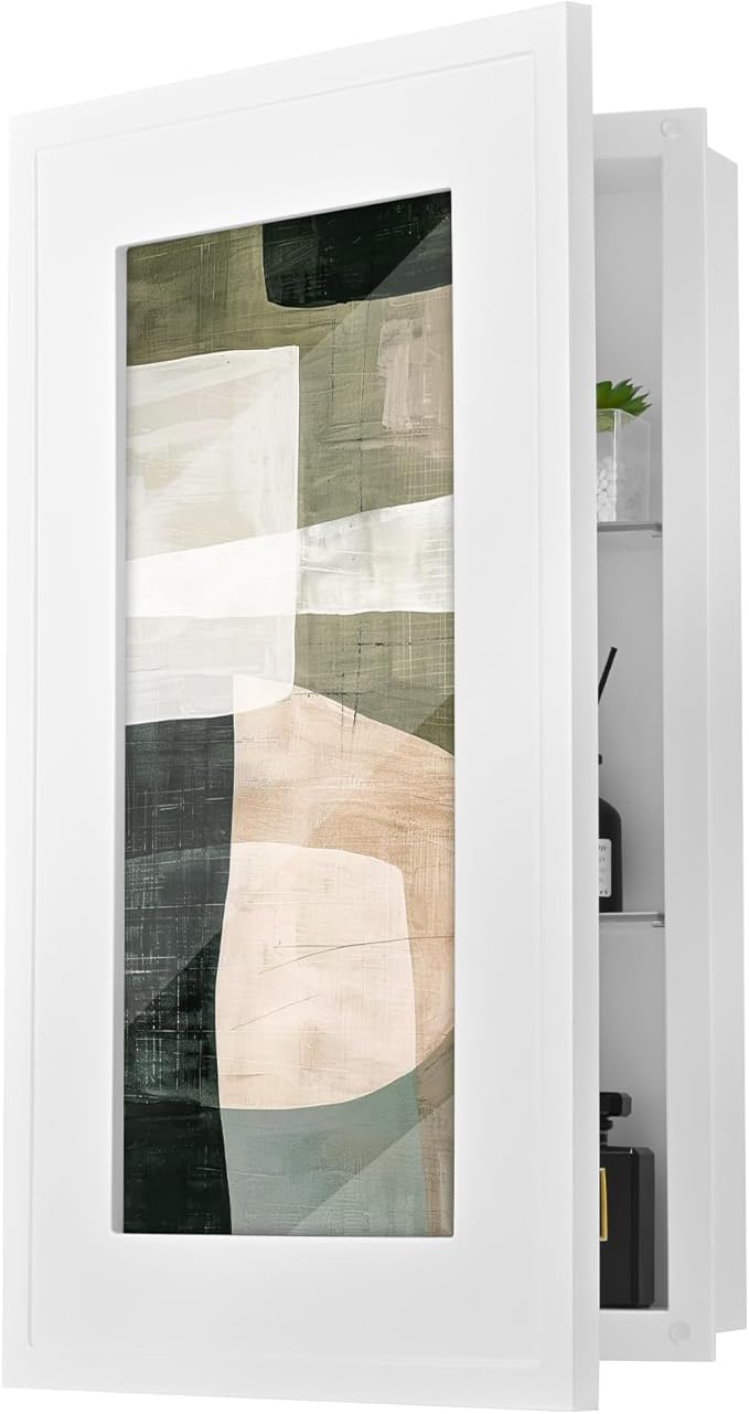 Concealed Medicine Cabinet 14×24 Recessed, Picture Frame Medicine Cabinet, Farmhouse White Wood Frame, 3 Shelves, 100% Handmade, Fully Assembled Wall Niche Insert For Bathroom,Bedroom,Hallway(White)