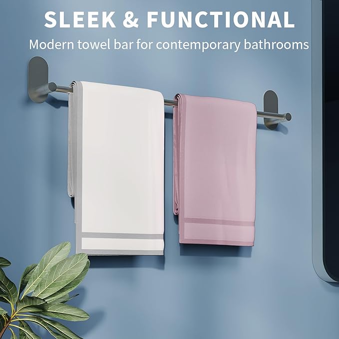 Self Adhesive Towel Bar for Bathroom 24ich Stainless Steel and Zinc Alloy No Drill Towel Rack Heavy Duty Hanger Stick On Hand Towel Holder for Kitchen, Cabinet, Door, Shower, Brushed Nickel