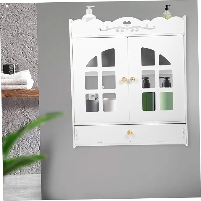 Wall-Mounted Bathroom Cabinet Organizer with Double Doors Vintage Cosmetic Storage Shelf for Toilet Area Multifunctional Space-Saving Locker Shelf