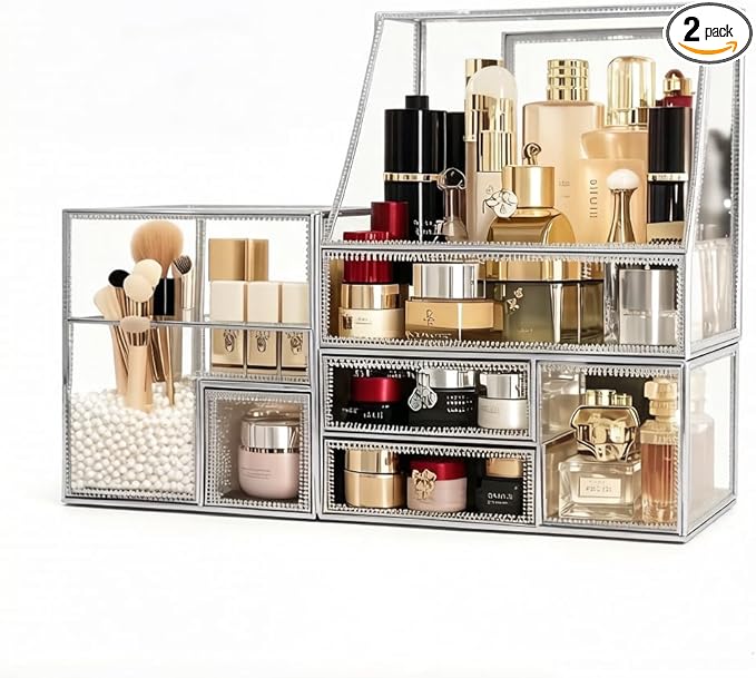 Hersoo Glass Makeup Organizer for Vanity/Stackable 2Pieces Drawer Set/Antique Countertop Vanity Cosmetic Storage Box Mirror Glass Beauty Display, Holder for Brushes Lipsticks Skincare Toner (Silver)