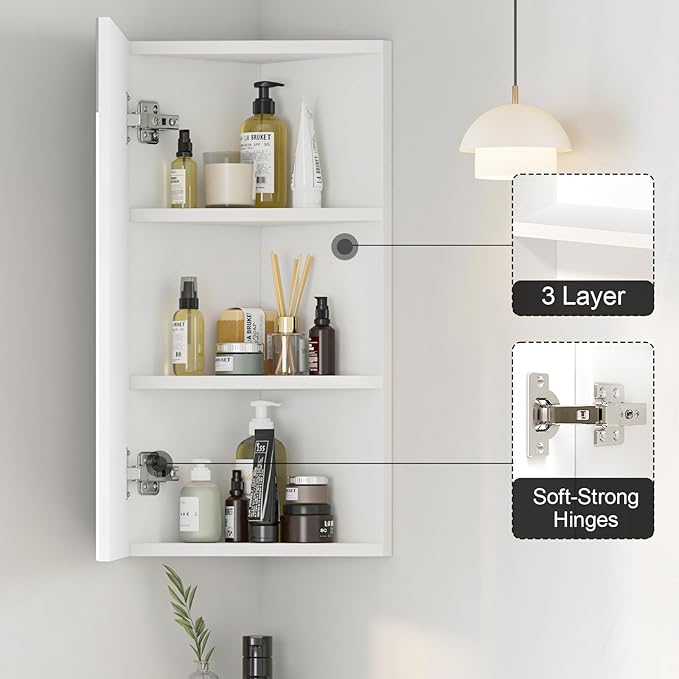 Corner Medicine Cabinet with Mirror,Bathroom Small Corner Medicine Cabinet, Wall Mount Bathroom Storage Cabinet,Opens Left & Right,Triple Shelf,12.6" W x 7.3" D x 23.6" H