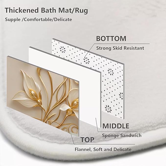 NBVKO 4Pcs Luxury Magnolia Blossoms Printed Shower Curtain Set with 12 Hooks Non-Slip Rugs,Toilet Lid Cover and Bath Mat,Gold Bathroom Decor for Hotel & Home Bathroom
