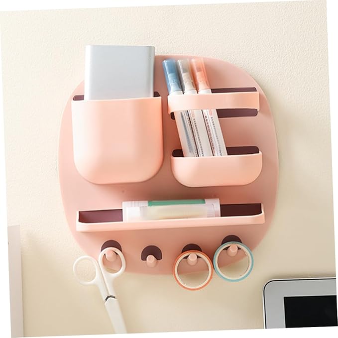 VICASKY Wall Mount Bathroom Shelf Organizer with 3 Compartments and 4 Hooks, Floating Pink Wall Holder Storage Rack for Toiletries and Bathroom Accessories