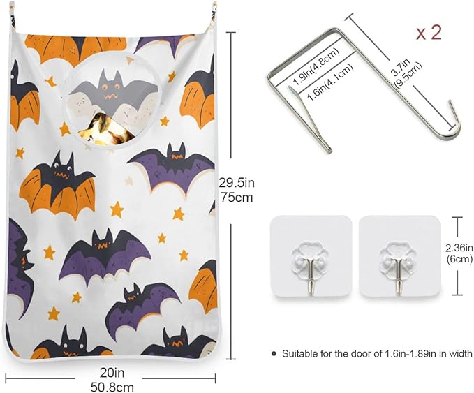 White Halloween Bats and Stars Hanging Laundry Hamper Door Hampers Bag Basket with Stainless Steel Hooks Oxford Fabric Printing Decorative Clothes Bags 29.5X20inch 1Pack