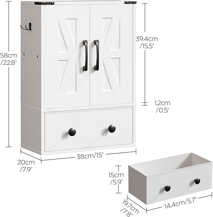 YATINEY Bathroom Wall Cabinet, Medicine Cabinet with Fabric Drawer, Double-Door Wall Mounted Storage Cabinet, 2 Hooks, Over The Toilet Space Saver Storage Cabinet, for Bathroom, Kitchen, White