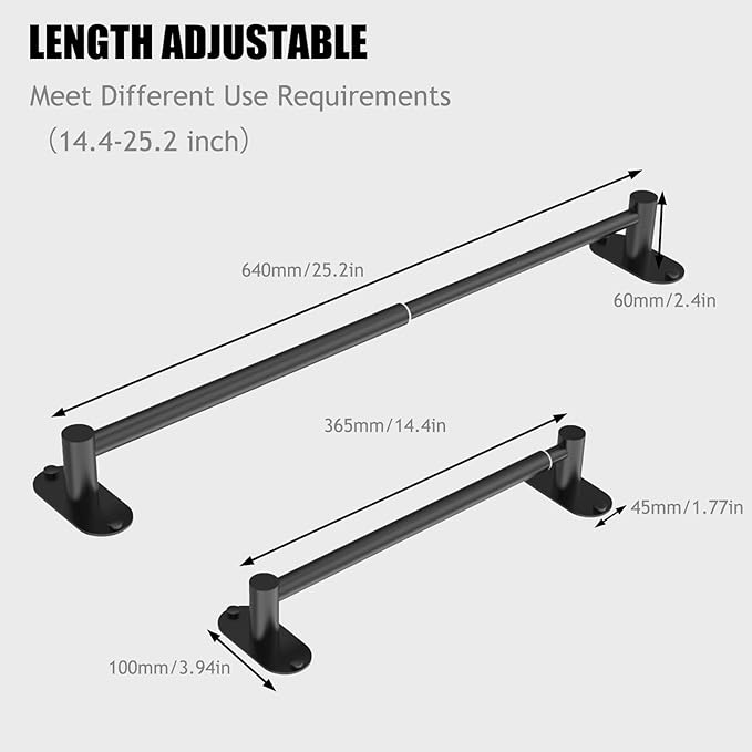 Towel Bar, Adjustable 14.4inch - 25.2inch Towel Rack, Self Adhesive Wall Mounted for Bathroom Kitchen Hand Towel Holder Cloths Hanger 304 Stainless Steel Organizer Single Bar (2, Matte Black)