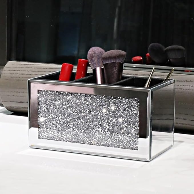Luxury Rhinestone Mirror Makeup Brush Storage Holder - Elegant Organizer for Brushes, Eyeliners, and Cosmetics - Multi-Functional Makeup Caddy with Plush Interior (Silver)