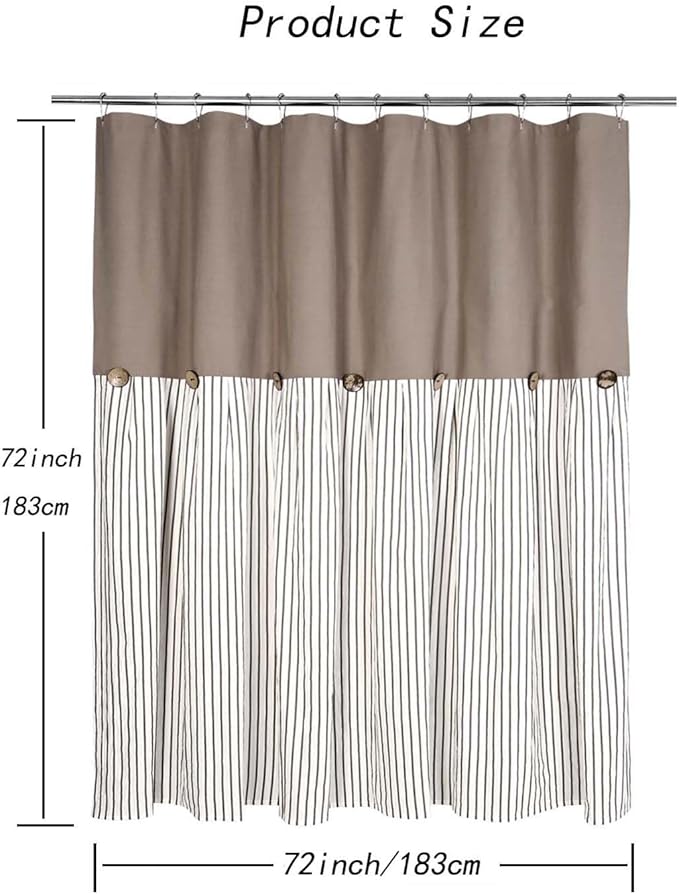 Farmhouse Taupe Shower Curtain,Taupe and Brown Stripe,Button Curtain,Cotton Blend and Cotton Woven Fabric,Rustic Charm Country Chic Style,72x78 in