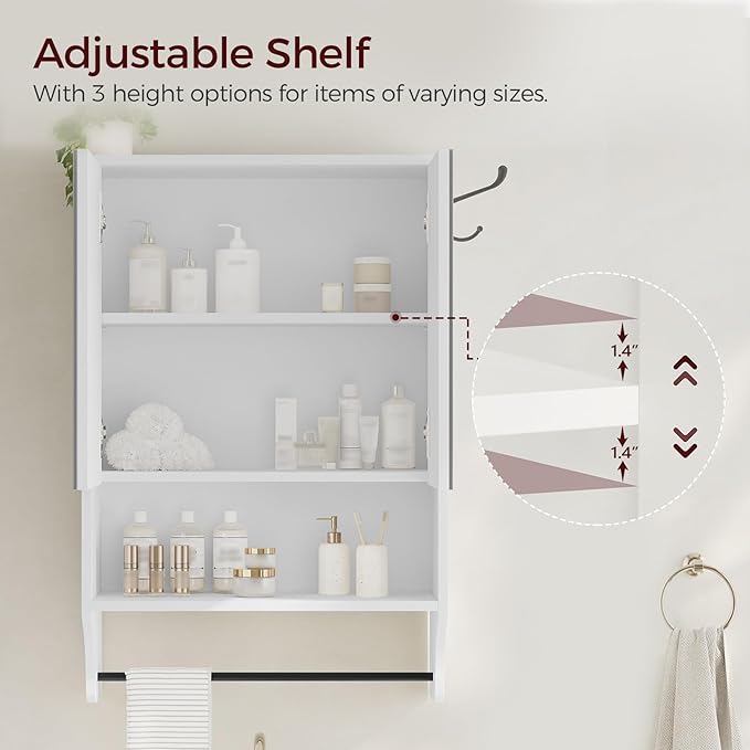MAHANCRIS Bathroom Wall Cabinet with Mirror, Medicine Cabinet with 2 Door and Adjustable Shelf, Wall Mounted Over The Toilet Storage Cabinet for Bathroom Laundry Room Kitchen, 18.9"W x 26.2"H, White
