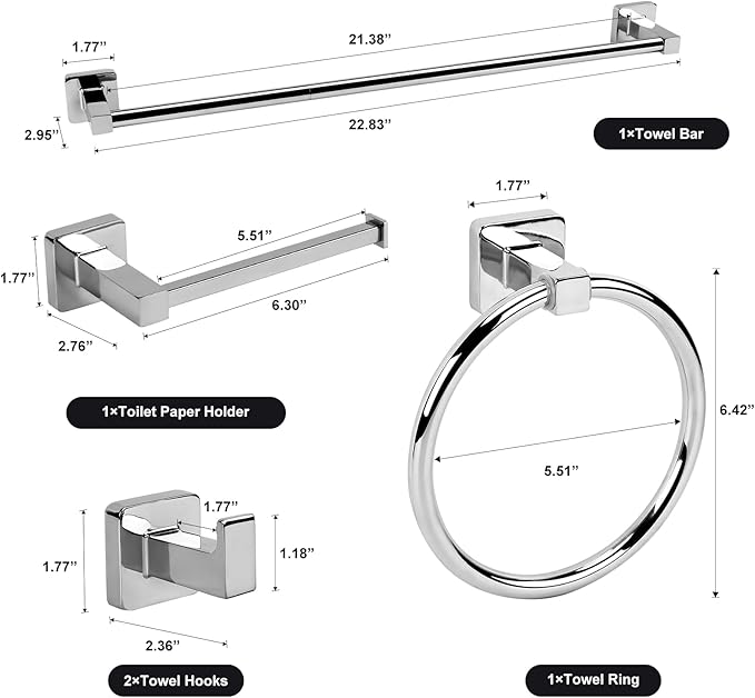 5 Pieces Polished Chrome Bathroom Hardware Accessories Set,Stainless Steel 23.6" Hand Towel Bar Set, Toilet Paper Holder, Towel Ring ，Towel Rack Set Silver