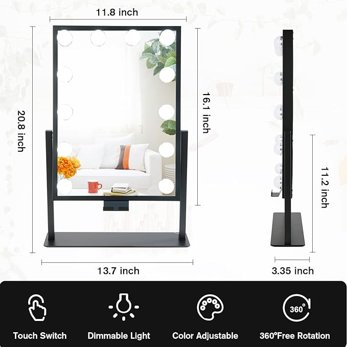 BWLLNI Vanity Mirror with Lights, Lighted Makeup Mirror, Hollywood Mirror with Phone Holder, 12 Dimmable LED Bulbs, 3 Color Lighting Modes, Detachable 10X Magnification, 360°Rotation(Black)