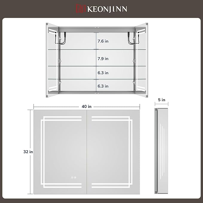 Keonjinn 40 x 32 Inch Large Medicine Cabinet with Lights, LED Lighted Medicine Cabinet Mirror for Bathroom, No Outlets, Tempered Glass, UL-Listed, Dimmable, 3 Color Lights, Anti-Fog, Wall Mount Only