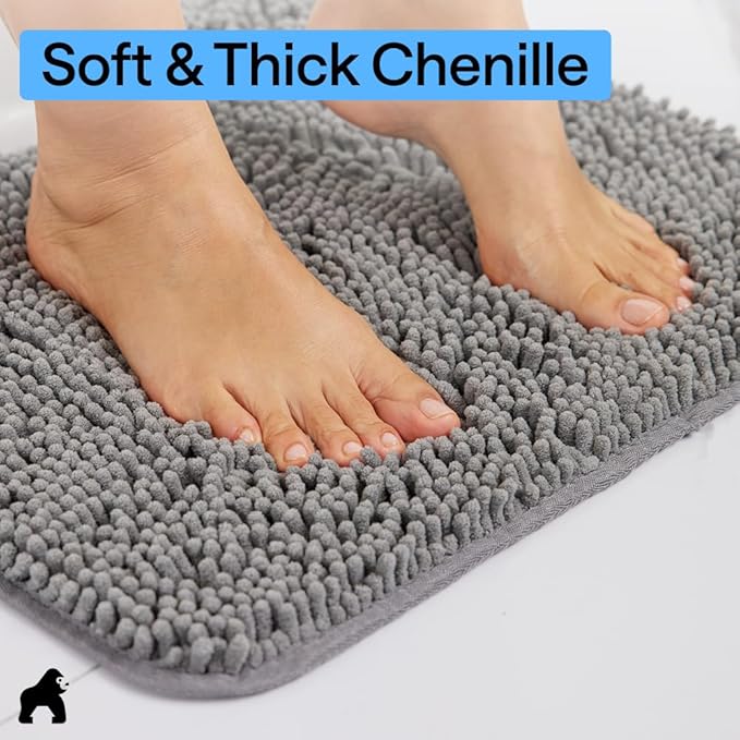 GORILLA GRIP Bath Rug Mat 48x24, Thick Soft Absorbent Chenille, Quick Dry Microfiber Mats, Rubber Backing Washable Shower Floor Rugs, Bathmat Runner, US Designed Bathroom Home Decor Accessories Grey
