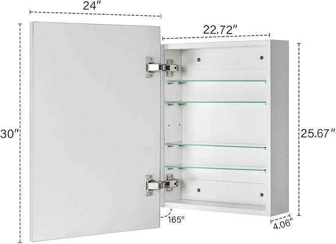 TEHOME 24'' x 30'' Polished Nickel Recessed and Surface Mount Bathroom Medicine Cabinet with Mirror Square Cornered Metal Framed Rounded Rectangle Medicine Cabinet Mirror
