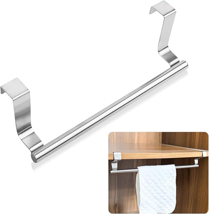 Mziart Over The Door Towel Rack for Bathroom Kitchen, 14 Inch Brushed Stainless Steel Over Cabinet Towel Bar with Hooks, Cupboard Towel Holder, Space-Saving Towel Hanger, Silver
