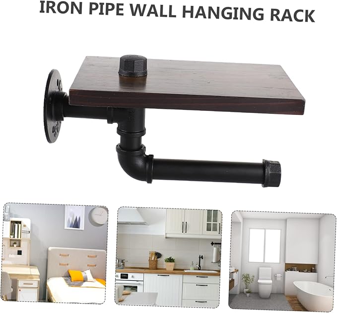 POPETPOP Nordic Style Wall-Mounted Storage Rack Retro Iron Pipe Bathroom Shelf Shampoo and Tissue Holder Space-Saving Organizer for Home