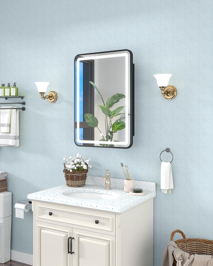 16x24 Inch LED Medicine Cabinet Mirror for Bathroom, Wall Mounted or Recessed Medicine Cabinet with Lights and Mirror, Full Metal, Stable & Removable 2 Shelves, Adjustable 3 Colors, Black