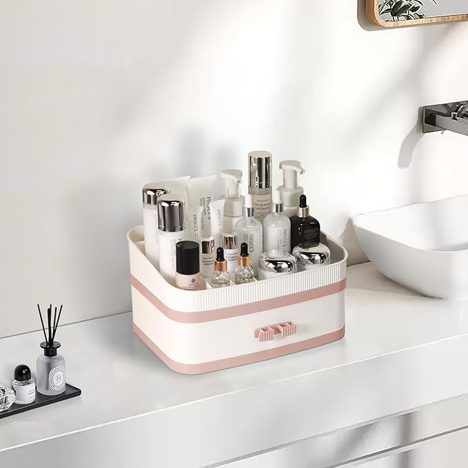 INVSSENE Large Makeup Organizer Countertop, Stackable Vanity Organizer with Drawer Cosmetic Organizer Tray, Make Up Organizers for Vanity, Makeup Storage Counter(Light Pink)