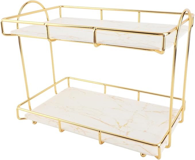 Gold Bathroom Shelf Elegant Gold & White 2 Tier Bathroom Storage Rack - Makeup Shelf with Humanized Design - Anti-Slip Counter Organizer - Sturdy Iron Construction for (Large Size)