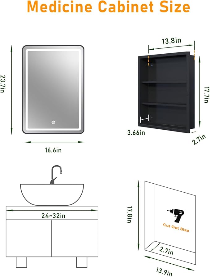 16x24 Inch LED Medicine Cabinet Mirror for Bathroom, Wall Mounted or Recessed Medicine Cabinet with Lights and Mirror, Full Metal, Stable & Removable 2 Shelves, Adjustable 3 Colors, Black