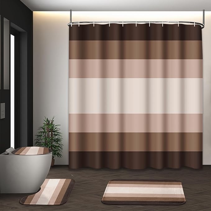 Brown Beige Shower Curtain Set with Toilet Lid Cover and Non-Slip Rugs for Bathroom, Modern Striped Lines Ombre 4 Pcs Shower Curtain, Simple Abstract Bathroom Set with 12 Hooks