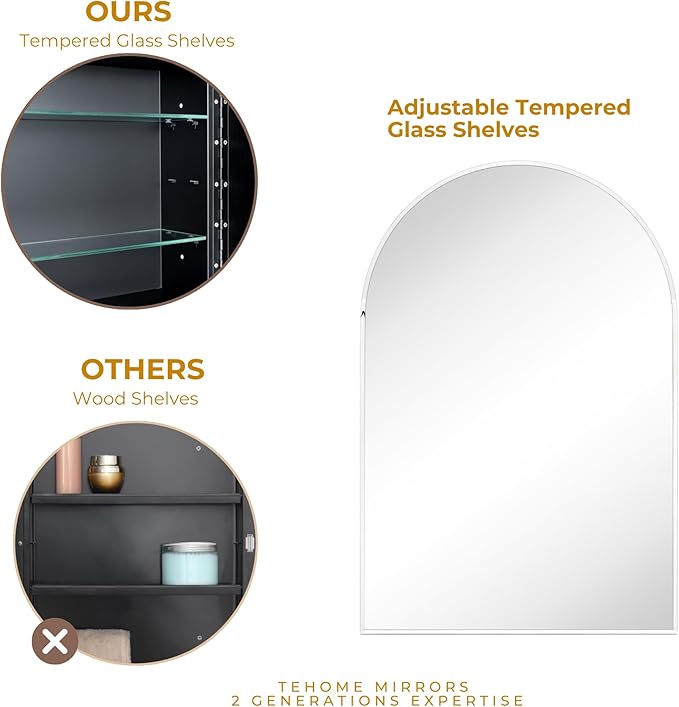 TEHOME 24 x 36'' Polished Nickel Arch Bathroom Medicine Cabinet with Mirror Recessed and Surface Mounted Medicine Cabinet Mirror