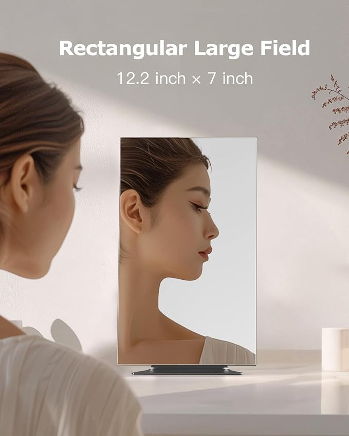 NEZZOE Rectangular Free-Standing Makeup Mirror, Frameless 1X Vanity Mirror with Adjustable Tilt, Metal Base, for Desk, Bathroom Countertop or Windowsill, 12 x 7 Inches
