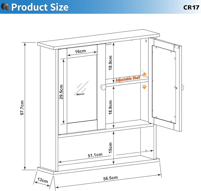 Panana Wall Mounted Bathroom Cabinet Wall Cabinet with 2 Mirrored Doors and Open Compartment, Inner Adjustable Shelf, 22" x 5.1" x 22.8" (Black)