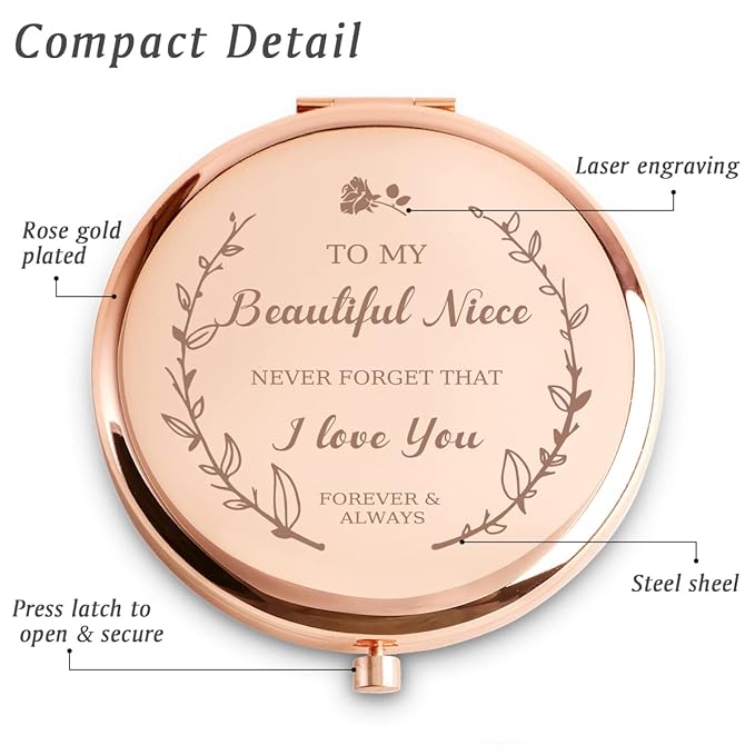 Personalized Gifts for Niece, Custom Niece Gifts for Birthday, Engraved Compact Mirror, Mothers Day Basket Stuffers