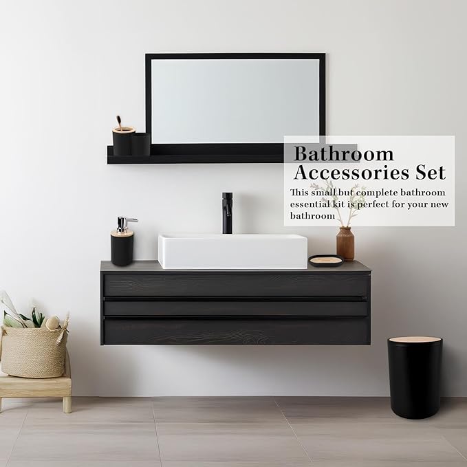 Bathroom Accessories Set - 19 PCS Black Bathroom Set with Shower Curtain, Trash Can, Toilet Brush Holder Toothbrush Holder & Dispenser - Modern Bamboo Plastic Complete Bath Decor for Apartment