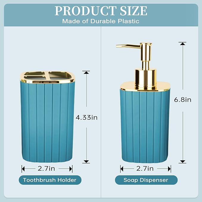 2PCS Bathroom Accessories Set, Teal Blue Bathroom Accessories Include Soap Dispenser and Toothbrush Holder for Boho Bathroom Decor