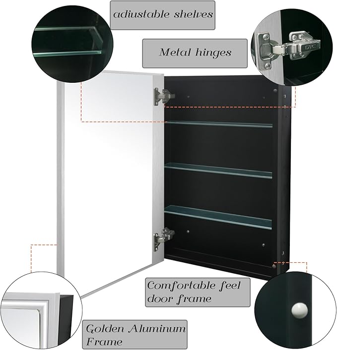 Modern Medicine Cabinet Mirror Storage for Bathroom Bedroom Surface/Recessed Mount with 3 Shelves (16"x26", Brushed Silver)