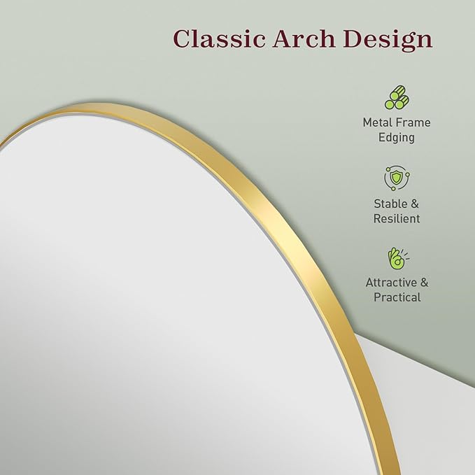 RALGEND Bathroom Arched Medicine Cabinet with Mirror, Modern Bathroom Wall Mounted Mirrored Cabinet with Adjustable Shelves and Storage, White and Gold