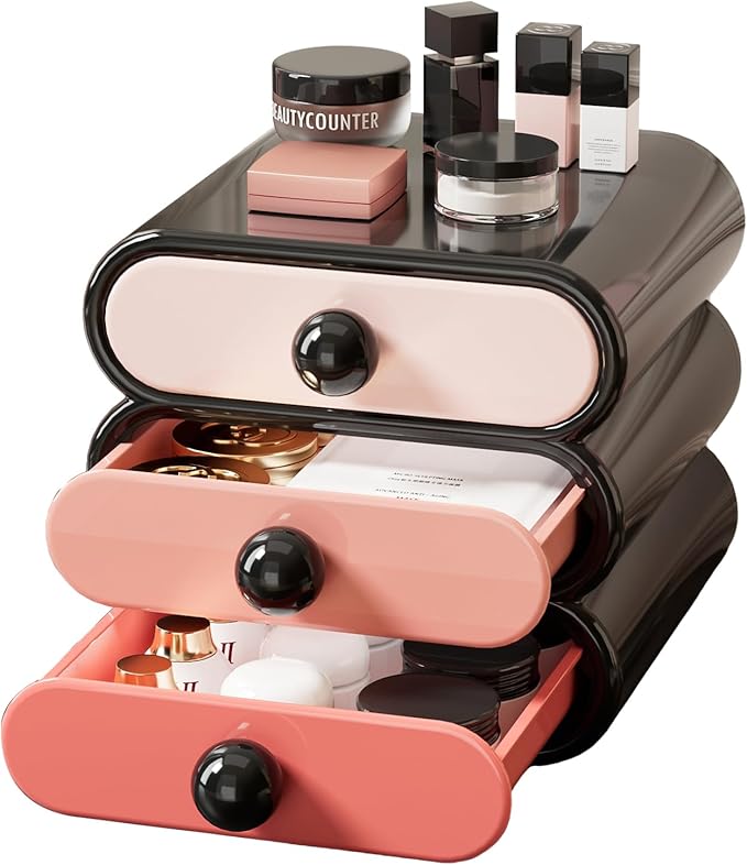 3-Drawer Desktop Organizer, Compact Vanity Drawer Organizer for Makeup, Small Plastic Drawer Containers for Bathroom, Cabinet