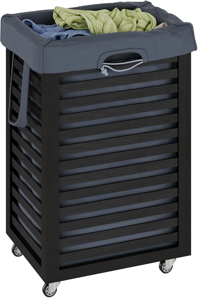Laundry Hamper with Wheels, Laundry Basket with Liner, 85L Large bamboo Laundry Clothes Laundry Hamper, Liner with Handles, Dirty Clothes Storage Cart For Laundry Room, Dorm, Bedroom, Bathroom (Black)