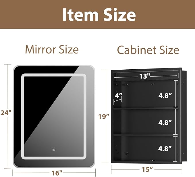LOVMOR Led Medicine Cabinet with Mirror, Bathroom Vanity Mirror Cabinet with Shelves, 3-Color Lights Dimmer, Silver 24" H x 16" W
