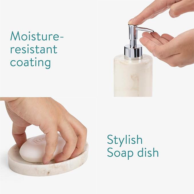 Navaris Decorative Bathroom Accessories Set - 3-Piece Bath Accessory Kit with Toothbrush Holder Liquid Soap Dispenser and Soap Dish Tray Set - Marble